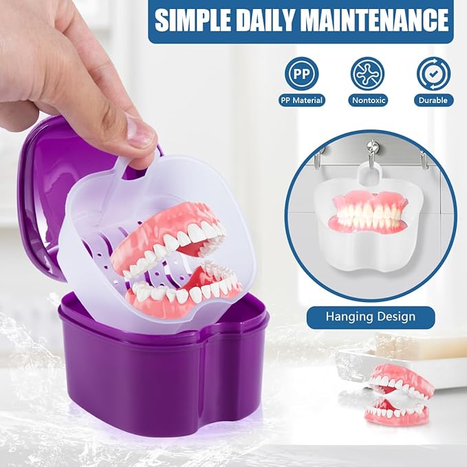 2 Pack Colors Denture Bath Case Cup Box Holder Storage Soak Container with Strainer Basket for Travel Cleaning (White and Purple)