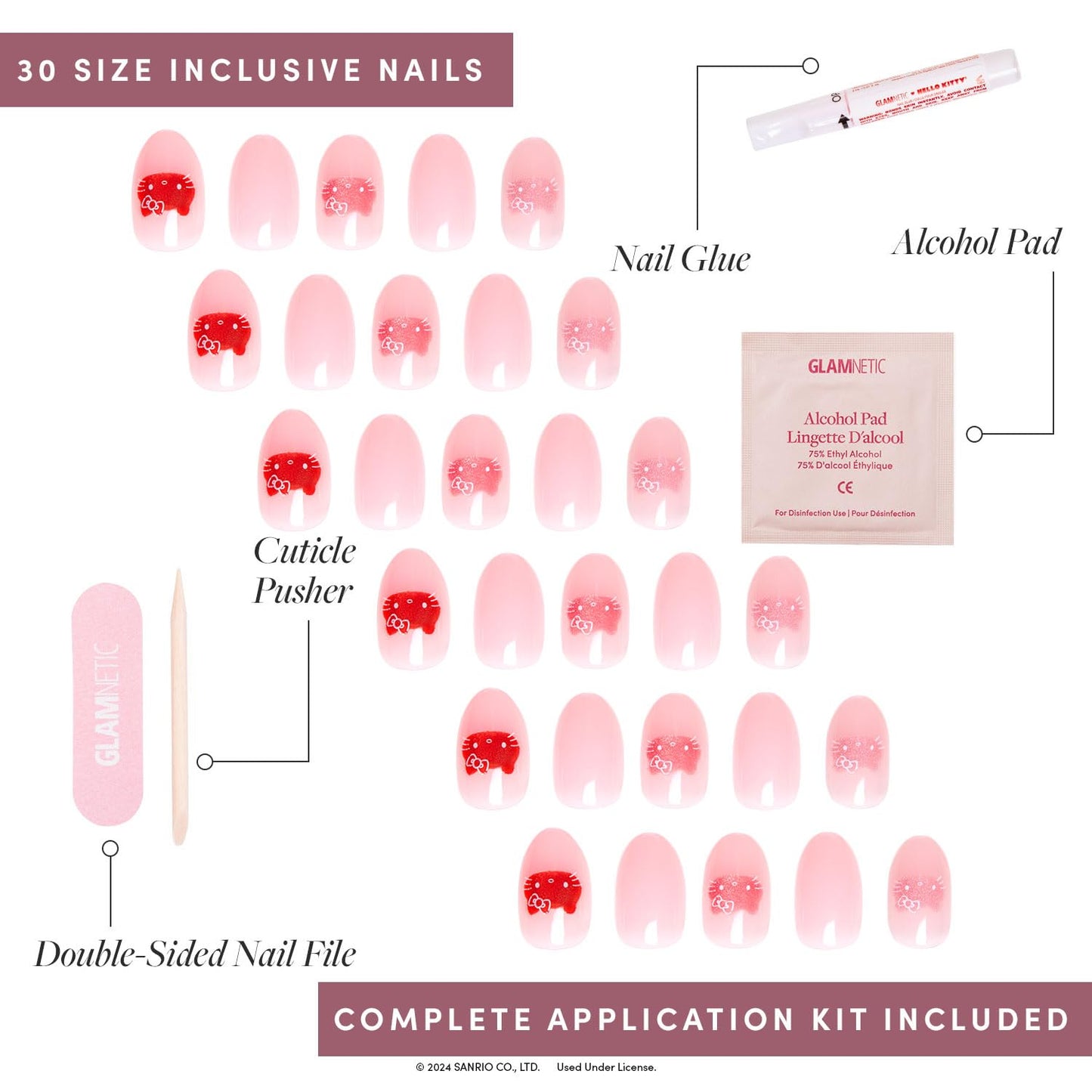 Glamnetic x Hello Kitty® and Friends Press-On Nails & Adhesive Nail Tabs - Hello Kitty® Red | Short Coffin Red French Tip Fake Nails, Reusable |