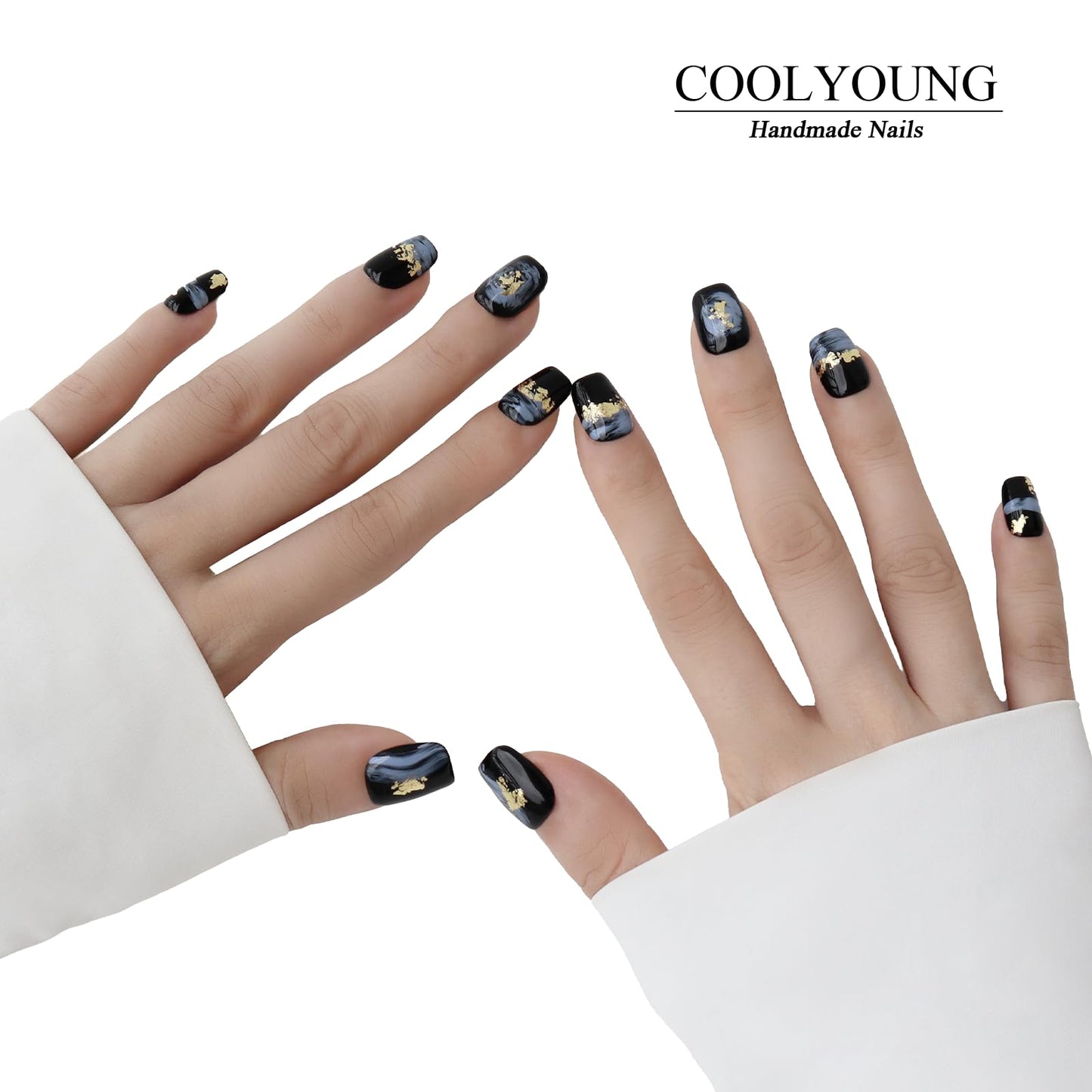 Handmade Press On Nails Short Square Black Press On Nails Gifts For Women Glitter Long Lasting Nails COOLYOUNG Acrylic Nails, 10 PCS, Size M