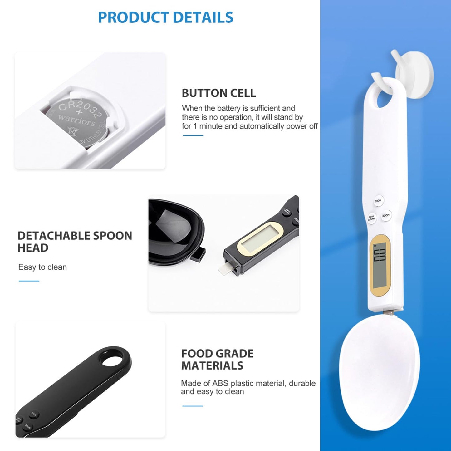 Food Measuring Spoon, Digital Kitchen Scale, high-Precision Small Scale, Handheld use, with Weight Removal Function (White)
