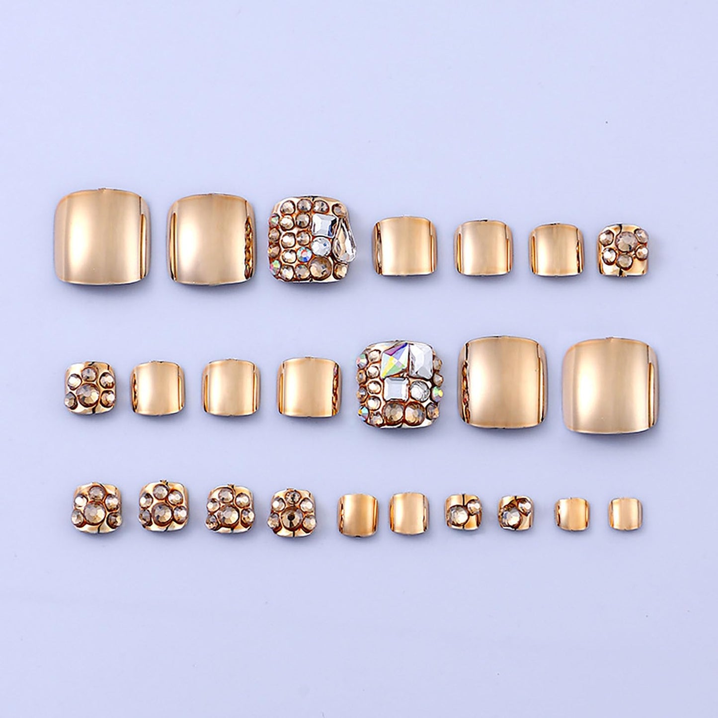 RUOKEXIN Short Press on Toenails Square Fake Toenails with Gold Rhinestones Designs Summer Toe Nail Press ons Sparkly Artificial Nails for Women 24Pcs