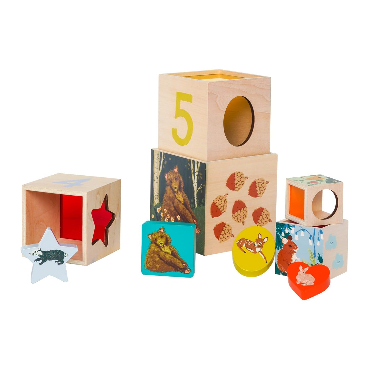 Manhattan Toy Enchanted Forest 12-Piece Wooden Stacking Counting Sorting Toy Blocks with Solid Wood Cutout Shapes