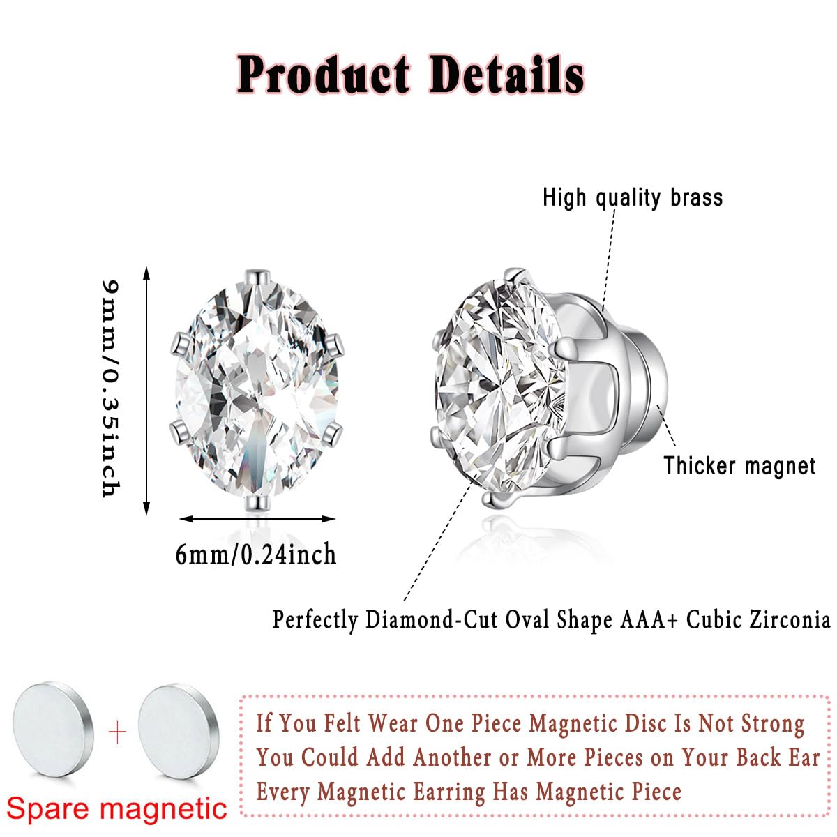 Spiritlele 12 Pairs Birthstone Magnetic Earrings Set Cubic Zirconia Clip on Non Piercing Fake Stud Earrings Birthday Gifts Unisex (Oval)