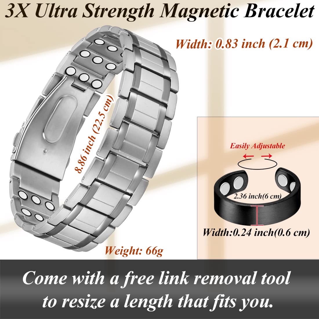 Cigmag 3X Magnetic Bracelets for Men Ultra Strength Magnets Upgrade Folding Clasp Titanium Bracelet & Copper Ring Adjustable