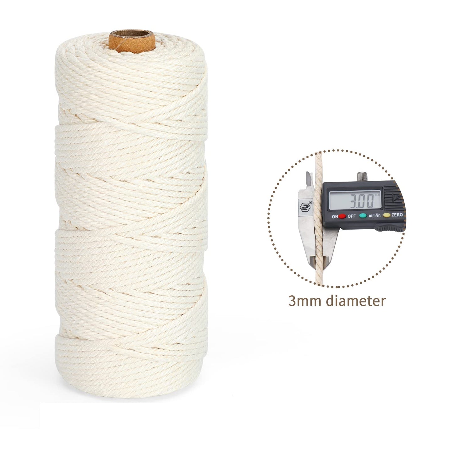 Natural Cotton Macrame Rope - 3mm x 328Yards (984Feet), 4 Strands Twisted Macrame Cord for Wall Hanging, Plant Hangers, Crafts, Gift Wrapping and Wedding Decorations, Beige