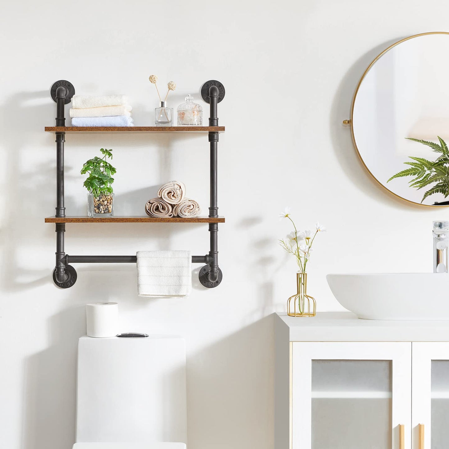 YMYNY Industrial Pipe Shelf Bracket, 2 Tiers Retro Wall Mounted Floating Shelf, Wood Look DIY Storage Shelving Bookshelf, UHRF-TM014
