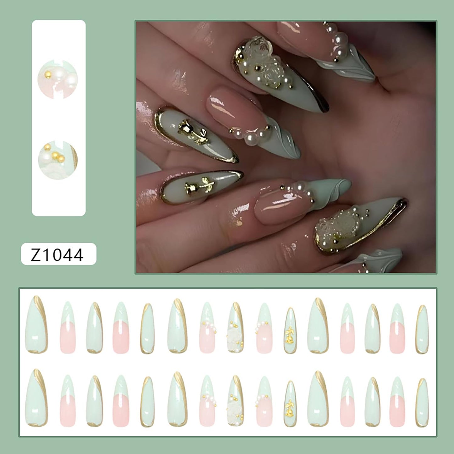 CJDLTS 24Pcs Green French Tip Press on Nails Long Length Gold Rose Flower and Pearl Design 3D Acrylic False Nail Full Cover Artificial Stick on Nails Almond Saped Press Ons Glue on Nails for Women