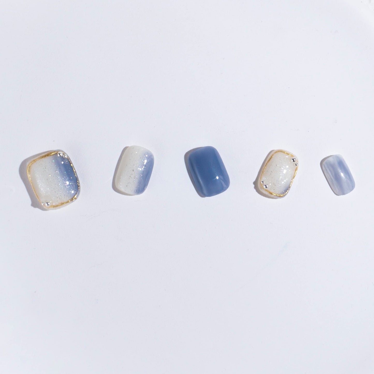 Light Rain Short Press on Nails - Jeans, 3D Handmade Blue and White Reusable Gel UV Finished False nails, Hand-Painted Fake Nails with Design by Professional Manicurist, Short Square, Large Size