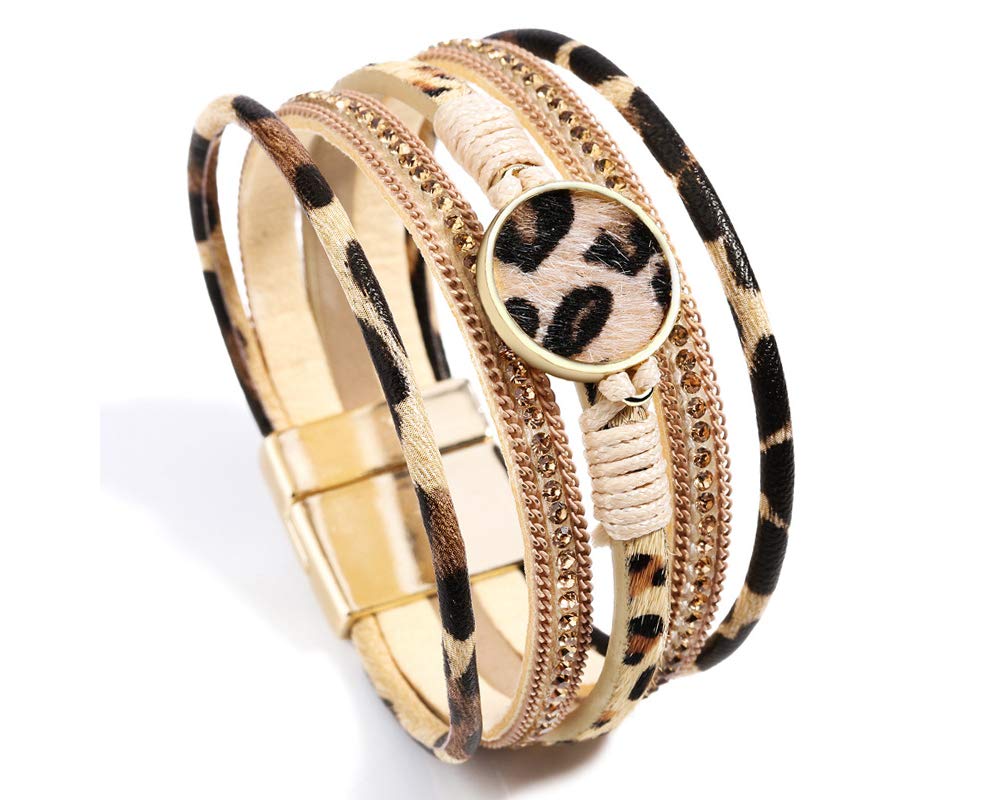 Fesciory Leopard Bracelet for Women, Boho Leather Wrap Multi-Layer Pearl Crystal Bracelet Bangle Jewelry(Khaki Leopard)