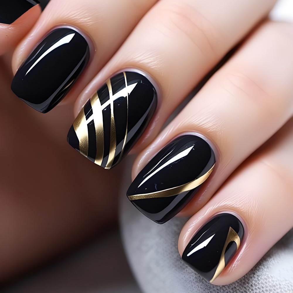 Press On Nails: Medium Square Dark Black False Nails with Gold Line Design, Glossy Full Cover Stick On Acrylic Artificial Nails for Women's Manicure, 24Pcs
