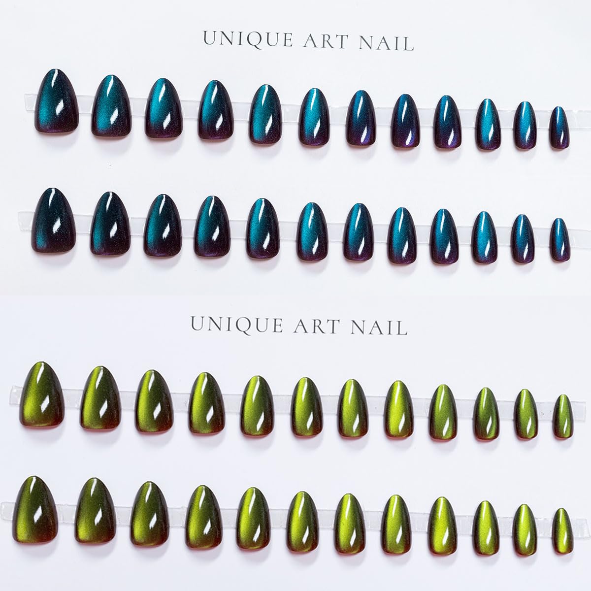 KQueenest 4 Packs Gel Press On Nails Short Almond, Cat Eye Press On Nails Short Stiletto, Dark Chrome Fake Nails Press Ons, Shiny Glitter Black Glue on Nails for Women Decoration, 96 Pcs Gift Kit