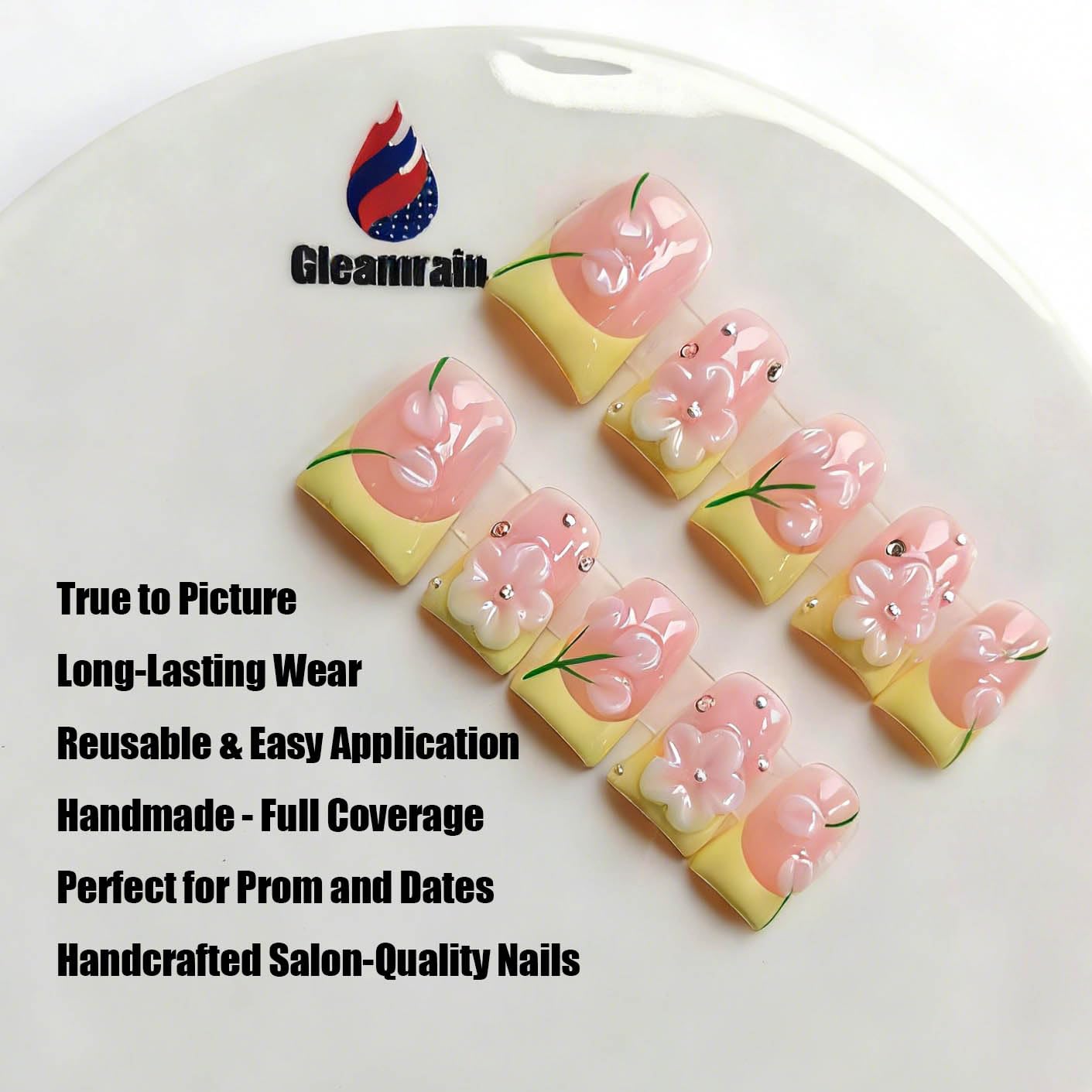 Gleamrain Pink Press on Nails Handmade Duck Glue on Nails Yellow French Tip with 3d Flower Design Elegant for Women for Spring 10pcs M Size Pattern 1105
