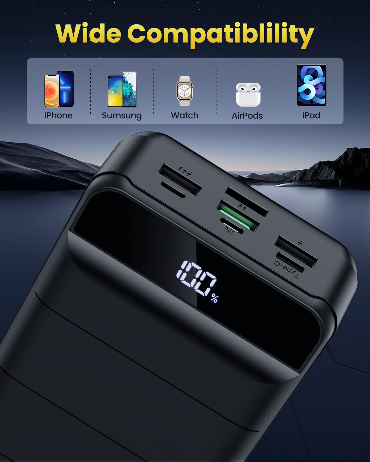 Portable Charger Power Bank 60000mAh 22.5W USB C Fast Charging Battery Bank with 4 Outputs & 3 Inputs LED Display Huge Capacity External Battery Bank LED Display for iphone, Samsung, Google etc