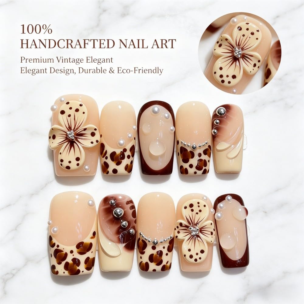 Vokupoga Medium Press on Nails Square Handmade Fake Nails French Tip False Nails with 3D Flower Pearl Designs Glossy Acrylic Nails for Women 10Pcs(Size M)