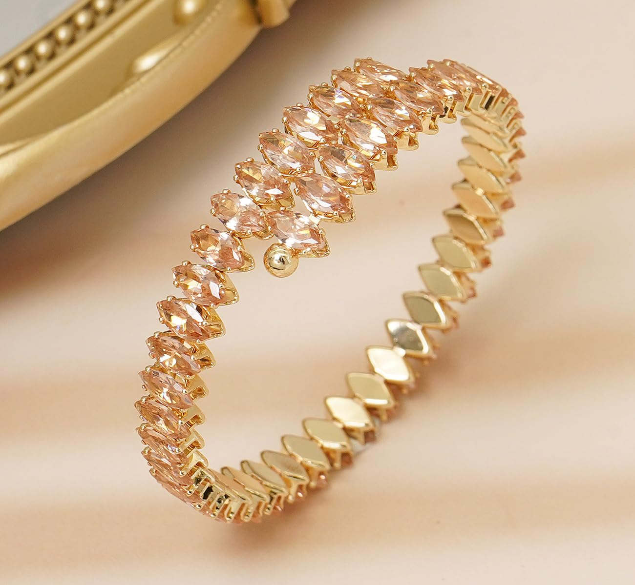 Wovanoo Rhinestone Cuff Bracelet Cubic Zirconia Tennis Bracelets Open Adjustable Bangle for Women Gold Champagne