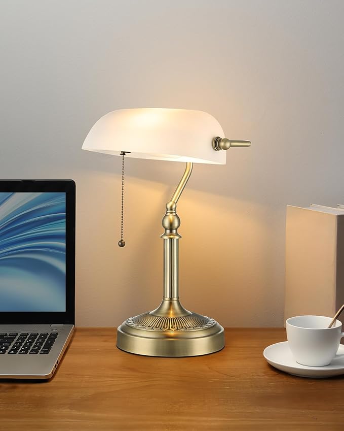 Newrays Traditional Glass Bankers Desk Lamp with Pull Chain Switch Plug in Fixture