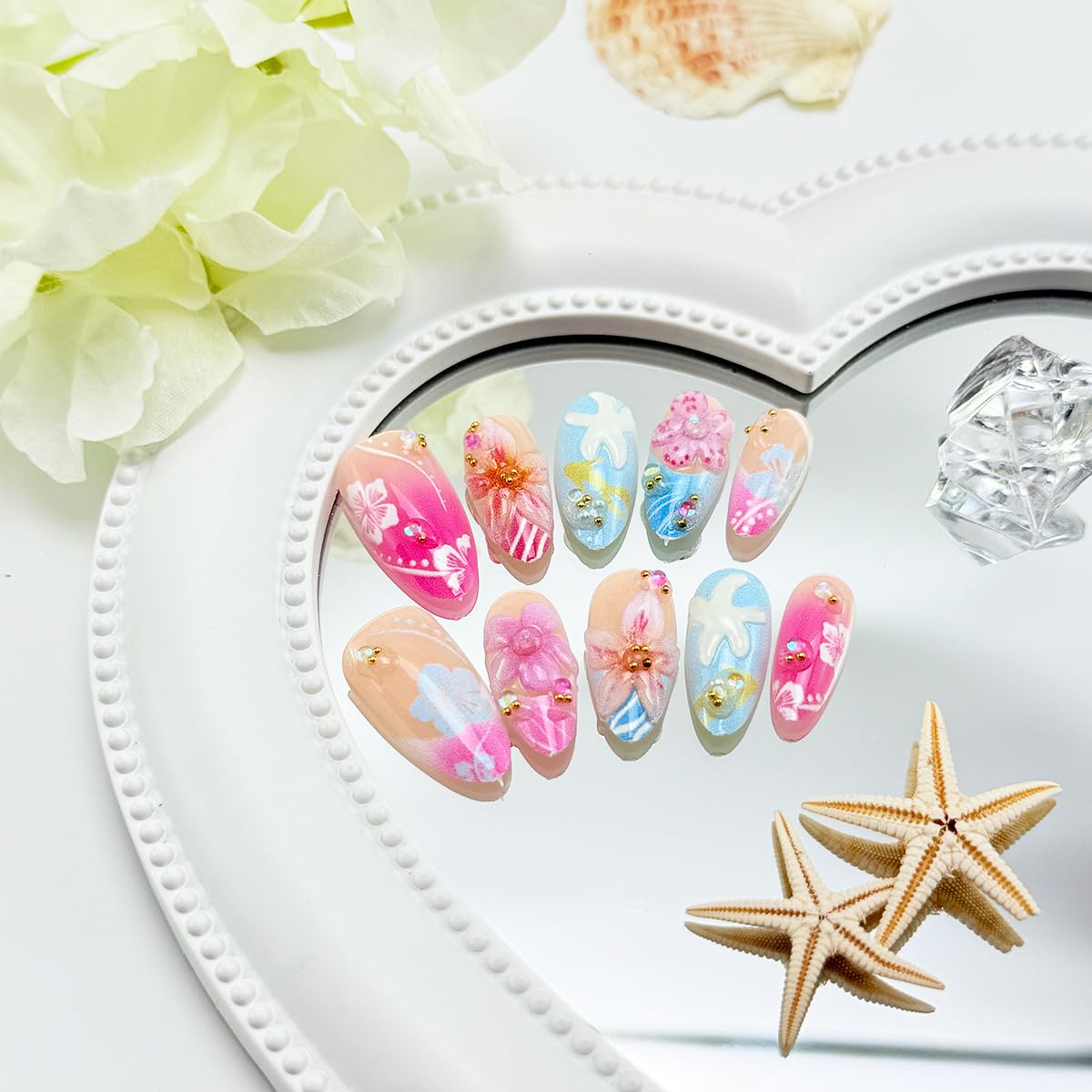 30Pcs Summer Press on Nails Medium Almond French Tip Fake Nails Cute Flower Cherry Blossom False Nails with 3D Pearl & Rhinestones Designs Reusable Pink Blue Acrylic Stick on Nails for Women Manicure