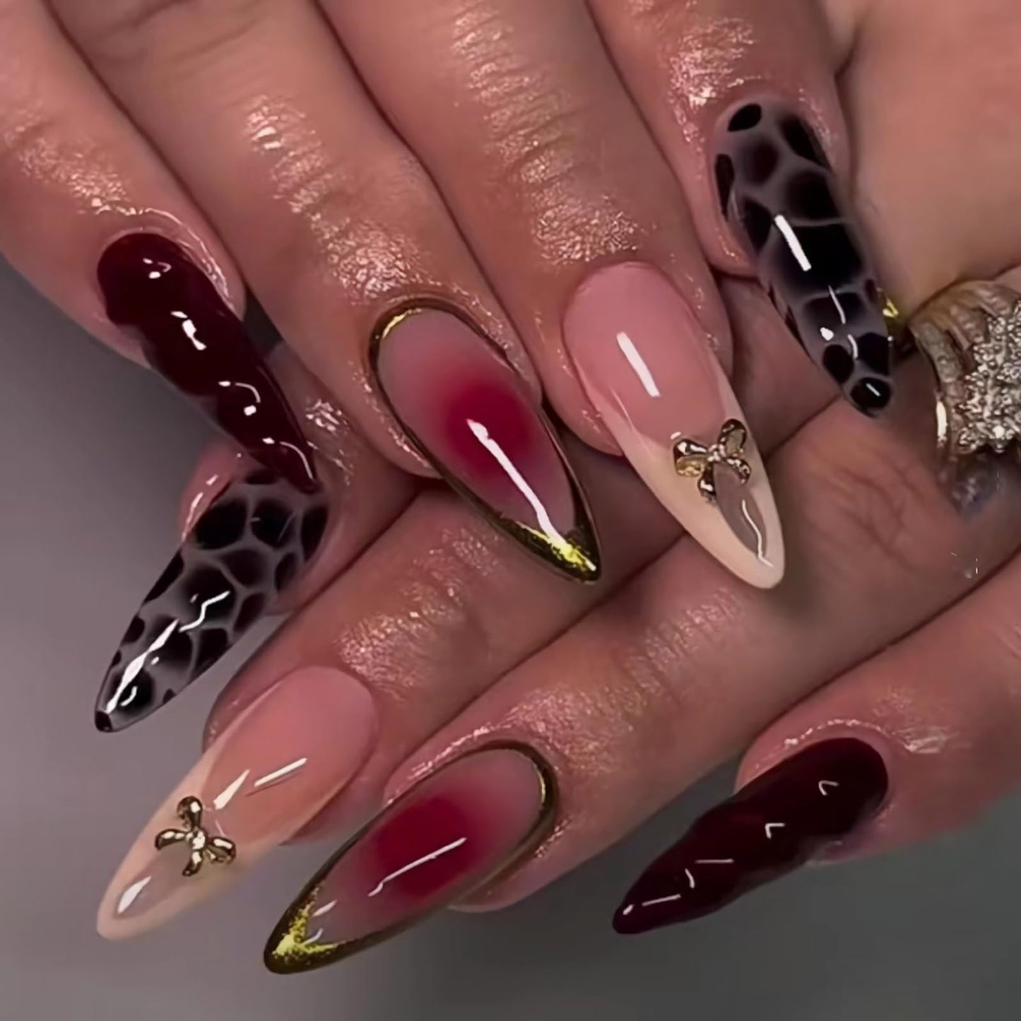 MISUD Press on Nails - Medium Almond Fake Nails with Fall Burgundy, Acrylic Cheetah Tortoise Design 24 pcs