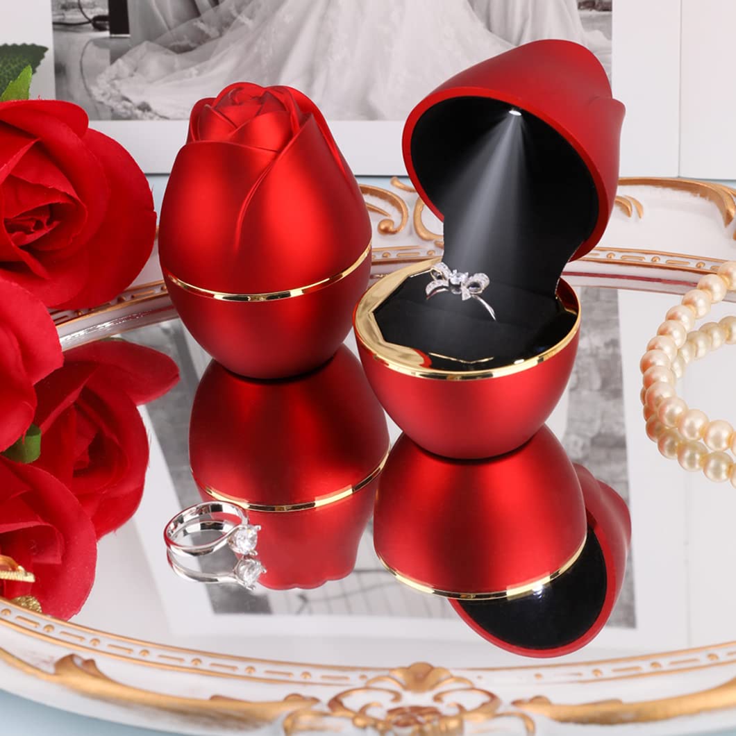 Rolin Roly Red Ring Box with LED Light Rose Jewelry Ring Case Jewellry Display Gift Boxes for Mother's Day Wedding Ring Box Ceremony Engagement Proposal Anniversary