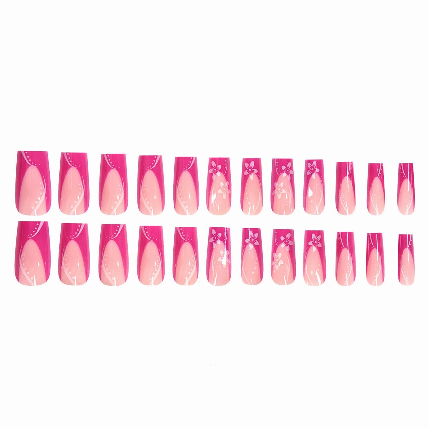 MISUD Press on Nails - Long Square Glue on Nails with Hot Pink, Acrylic Summer Flower Design 24 pcs