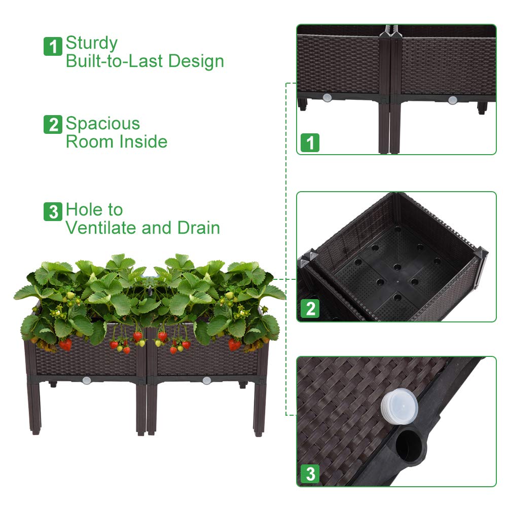 VINGLI Square Raised Garden Bed, Self-Watering Plastic Planter for Indoor Outdoor Vegetables, Fruits, Potato, Flowers, All Weather (2 Pcs)