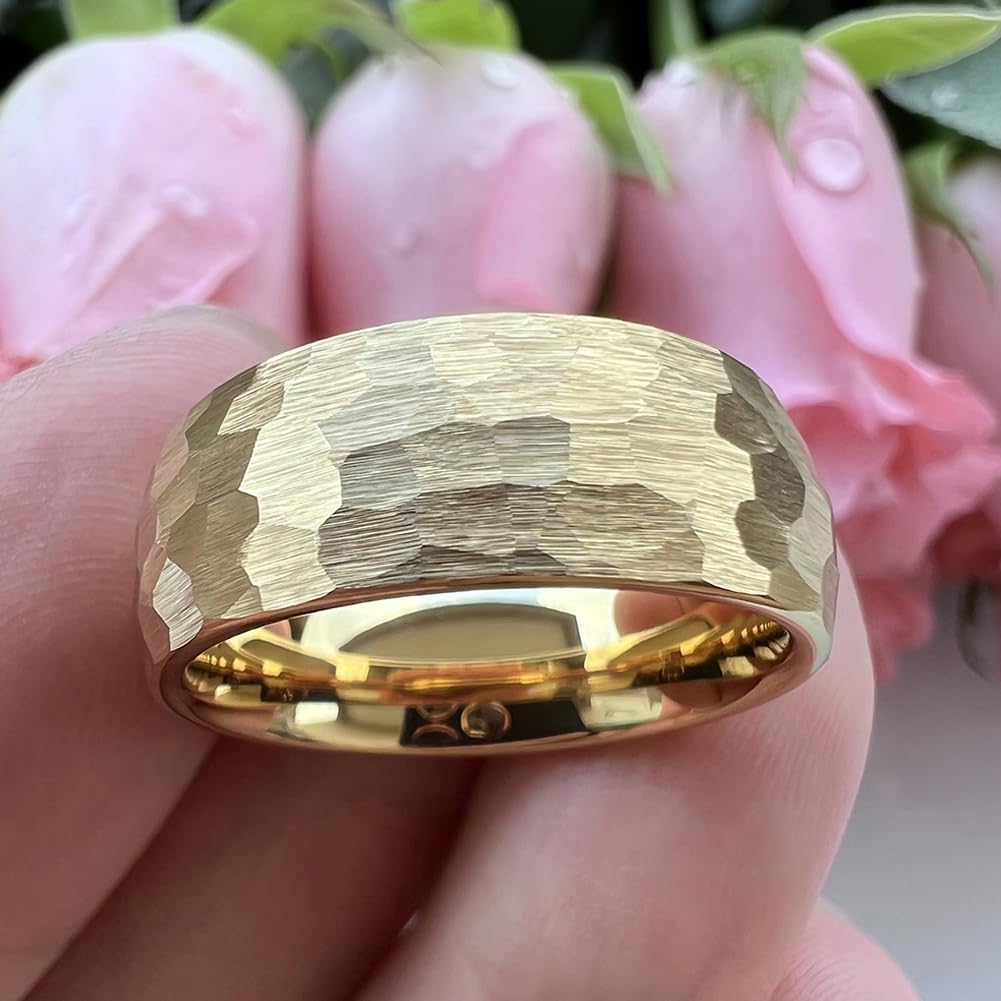 TUTISS 8mm Gold Hammered Tungsten Rings for Men Women Engagement Wedding Bands Domed I Love You Engraved Comfort Fit Size 8