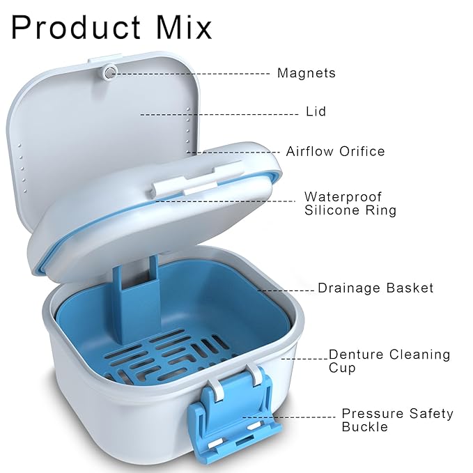 BVN Leakproof Denture Cup, Upgraded Carrying Storage, Denture Bath Box with Filter, Denture Cup for Soaking Dentures, Travel Retainer Cleaning Case (White+Blue).