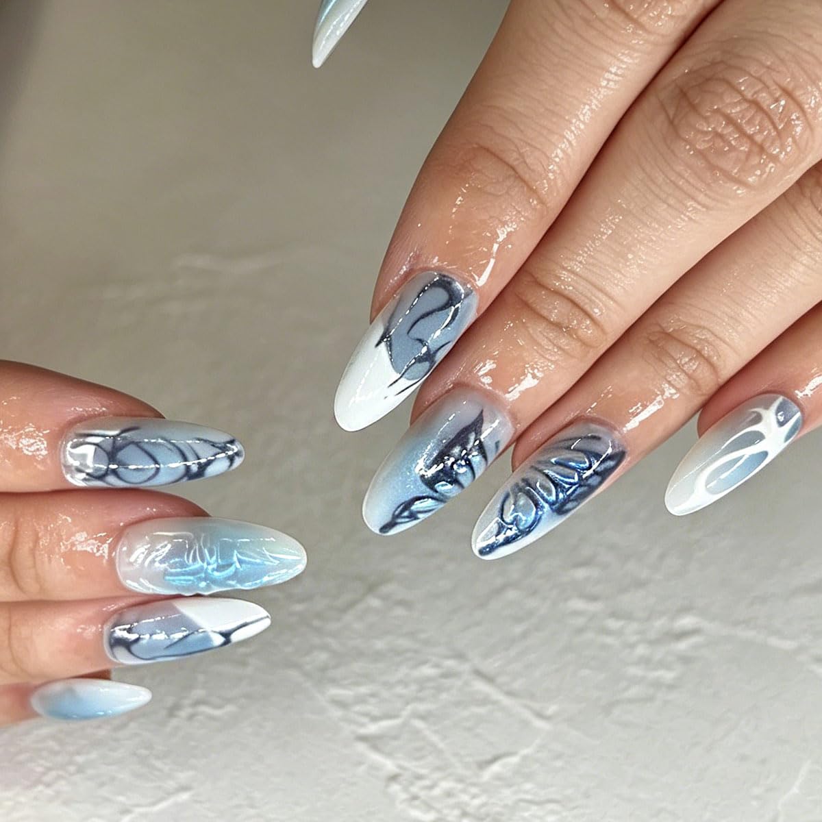 3D Press On Nails Almond Medium Light Blue Fake Nails with Embossed Butterfly Wings Flower French Designs, Acrylic Artificial Nail Press ons False Stick On Nails for Women Girls 30Pcs