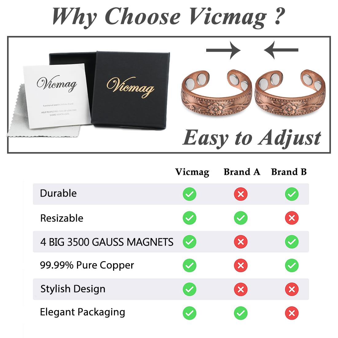 Vicmag 2PCS Copper Magnetic Rings for Women Ring for Fingers with 4X Magnets 100% Solid Pure Copper Gift Adjustable