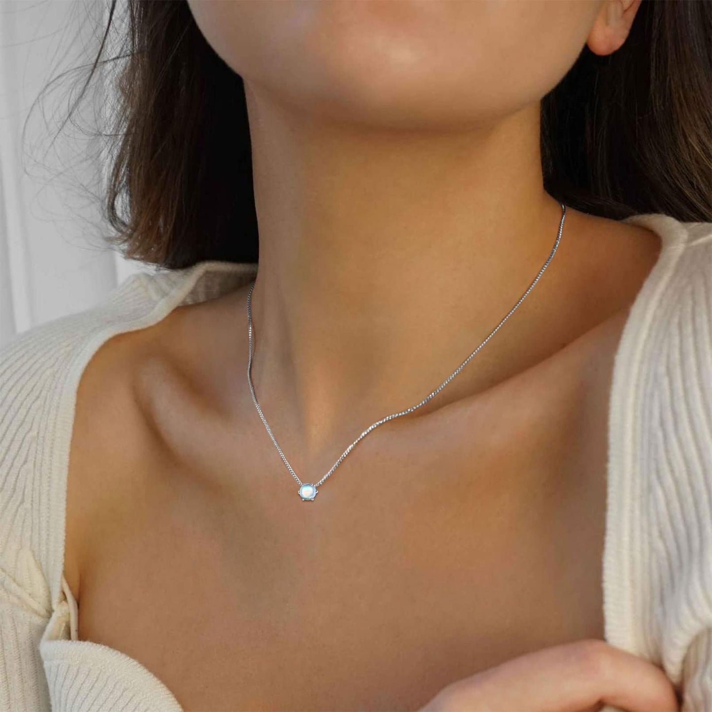 ChicSilver Moonstone Necklace 925 Sterling Silver Round Cut Gemstone Solitaire Pendant Necklace June Birthstone Jewelry for Women