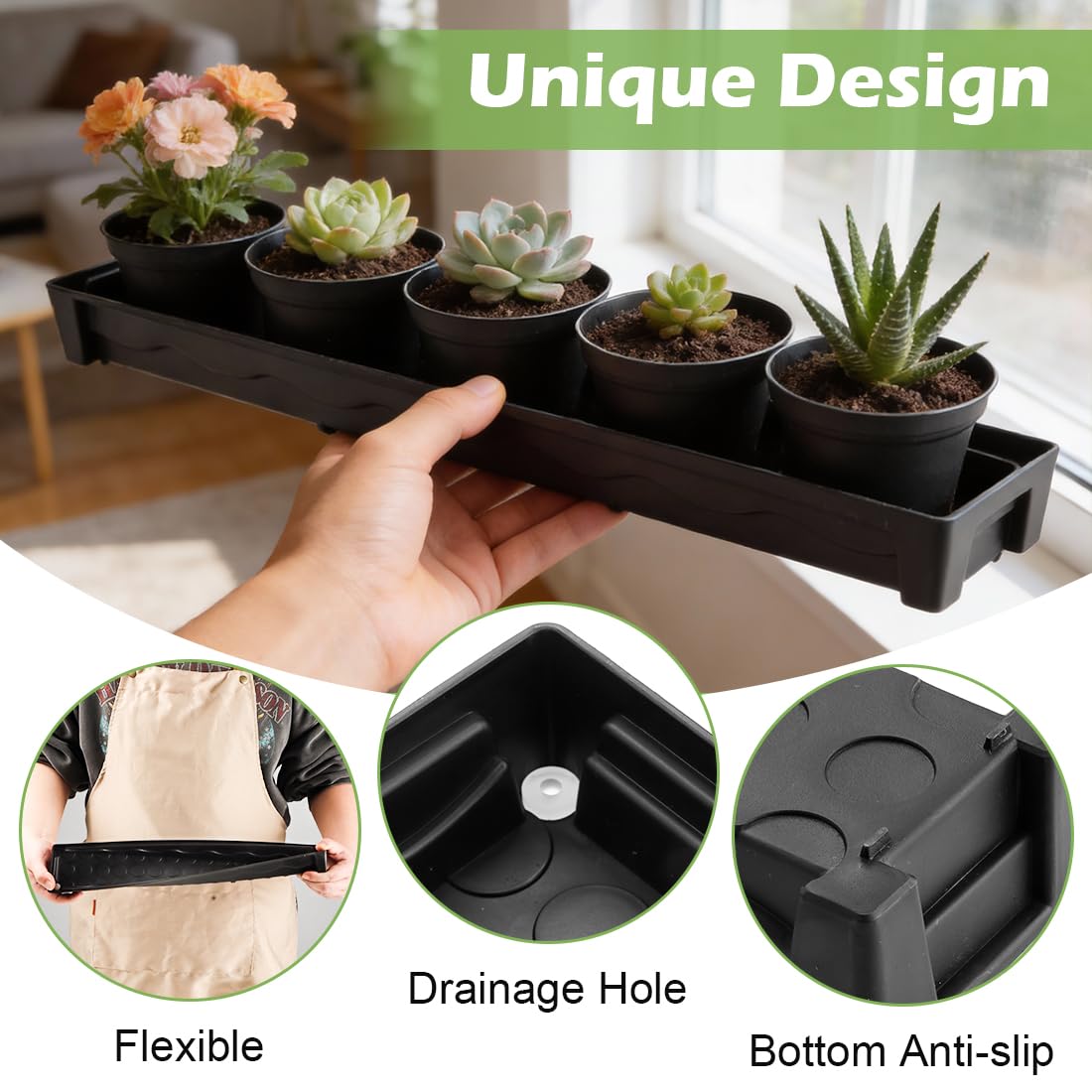 RooTrimmer 10 Pack Plastic Windowsill Saucer (17"x3"x1.5"), Rectangular Window Sill Plant Pot Trays with Removable Drainage Hole, Thick Plant Saucer Tray for 2.8 inch (7CM) Flower Nursery Pots (Black)