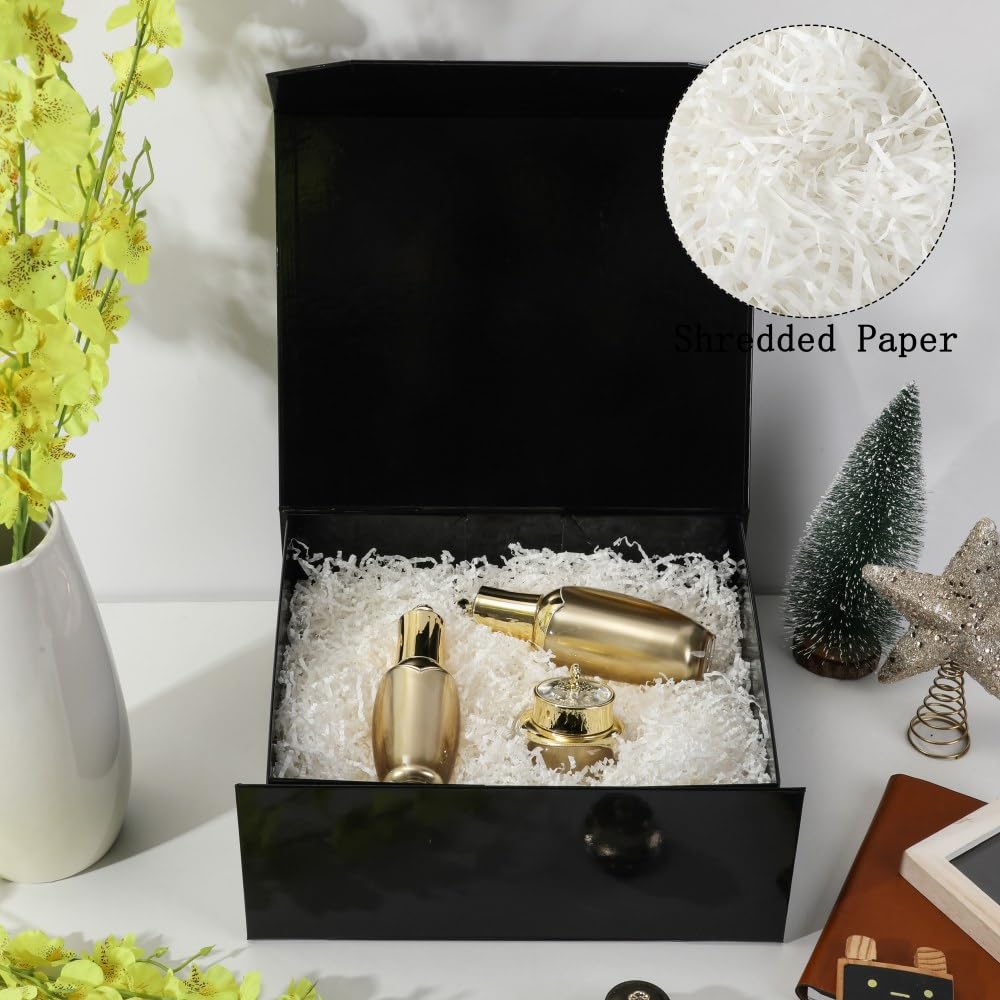 PACKGILO 6 Pcs Black Gift Box Large 13x11x5.3 Inch Black Large Gift Box with Crinkle Paper Magnetic Box with Shredded Paper Luxury Gift Boxes with Lids for Presents