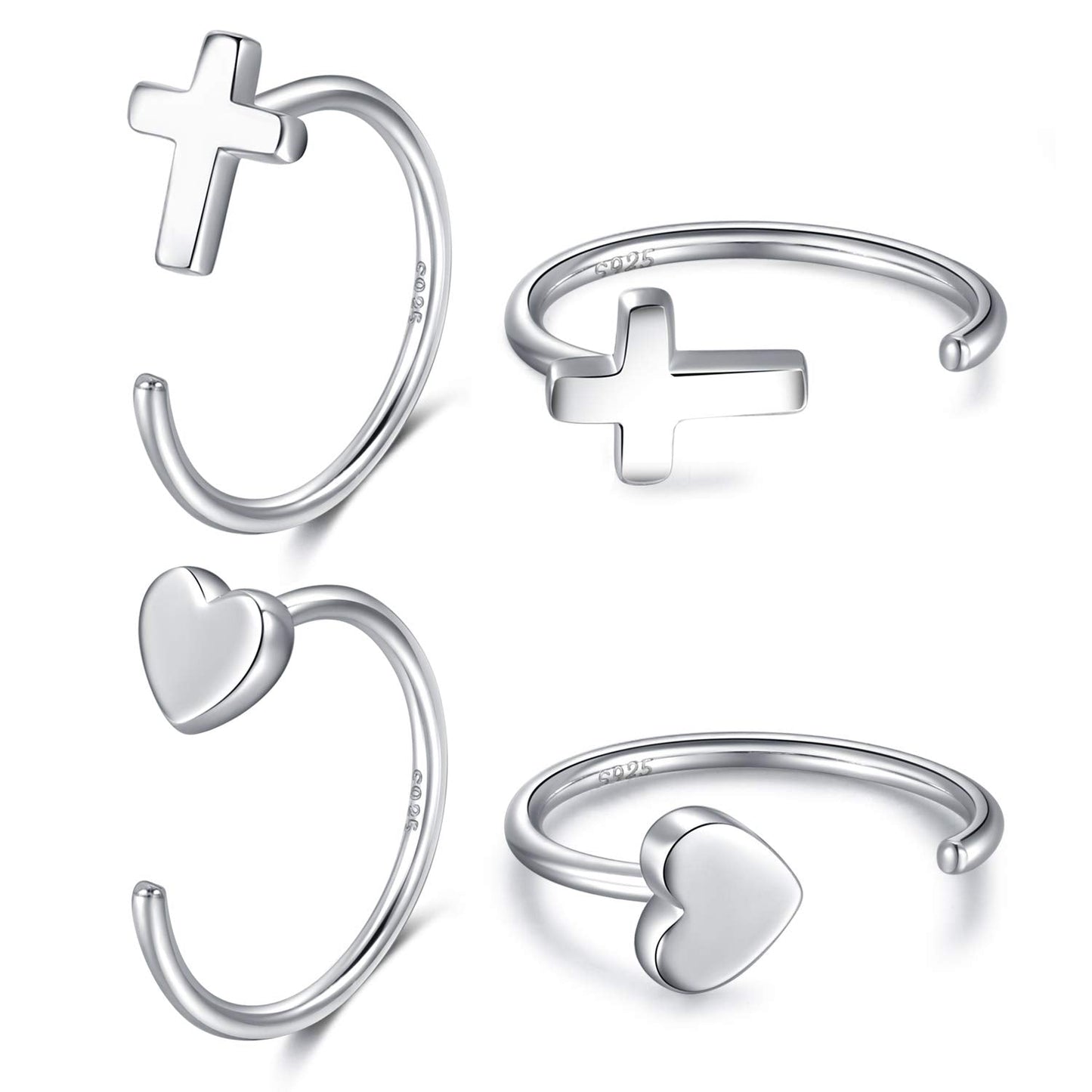 Huggie Silver Cross Half Hoop Earrings - Heart Hugger, OpenHoop Design