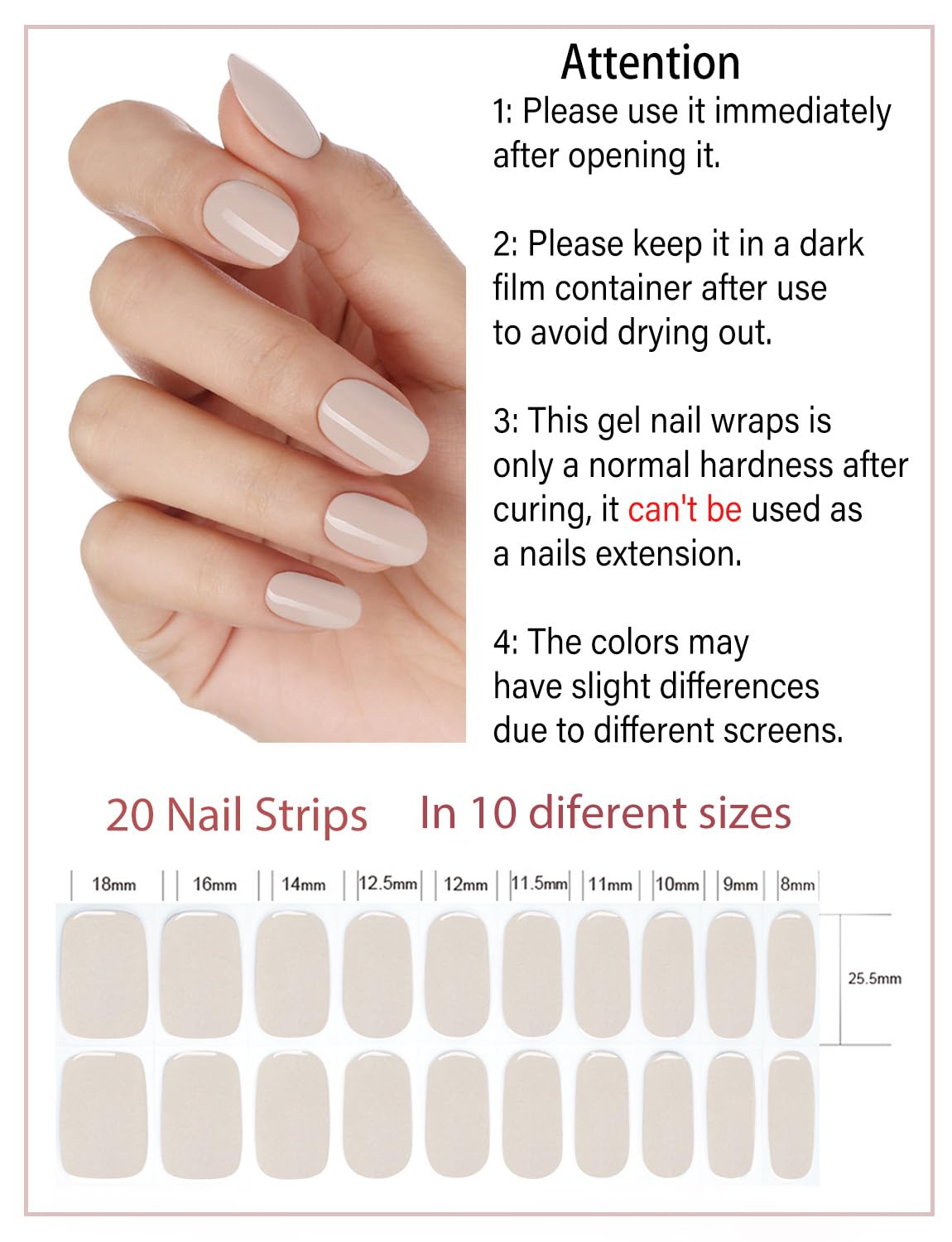 Semi Cured Gel Nail Strips, 20pcs Light Kahki Gel Nail Stickers UV for Home Nails DIY