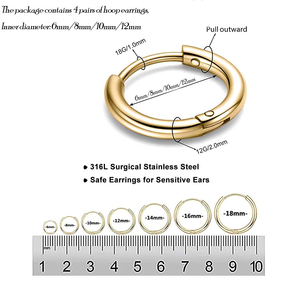 316L Surgical Stainless Steel Gold Hoop Earrings 6mm 8mm 10mm 12mm Huggie Hypoallergenic Earrings Hoop Cartilage Helix Lobes Hinged Sleeper Earrings For Women Men