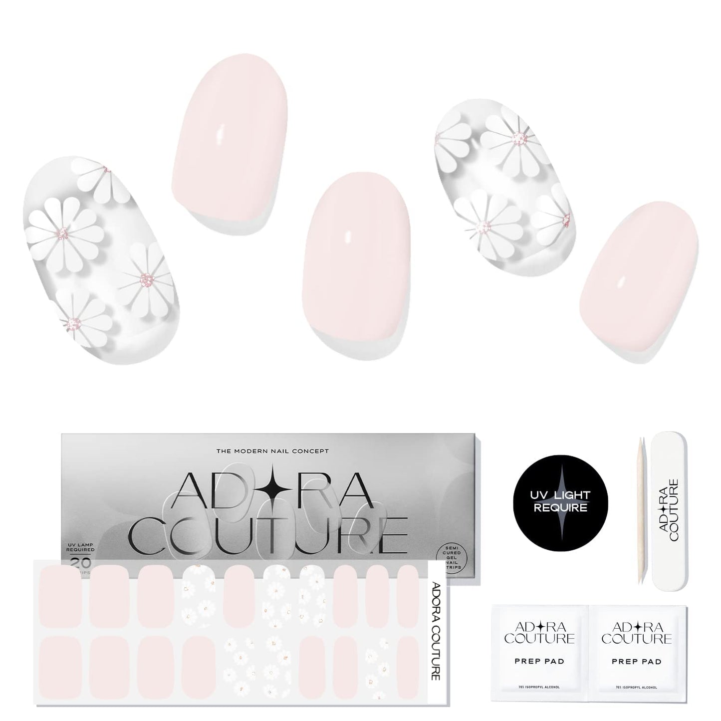 Adora Couture Semi Cured Gel Nail Strips with 20 Pieces - UV Gel Stickers, Manicure Kit, Easy Application Wraps Includes Prep Pads, Nail File, Wooden Stick - UV Light Required (Charming Daisy)