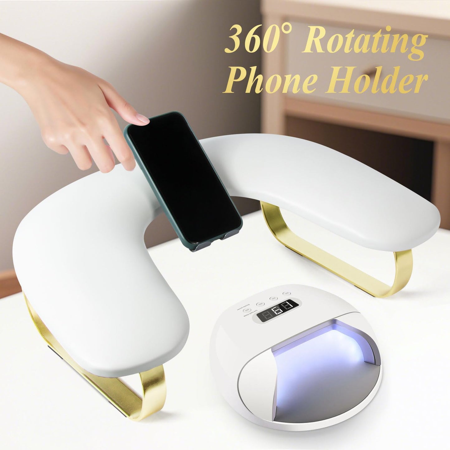 Nail Arm Rest with Rotating Phone Holder, Arm Rest for Nails Tech, PU Leather Nail Tech Arm Rest, U-Shaped Hand Rest for Nails Tech, Manicure Hand Rests for Foot Hand Stand, White