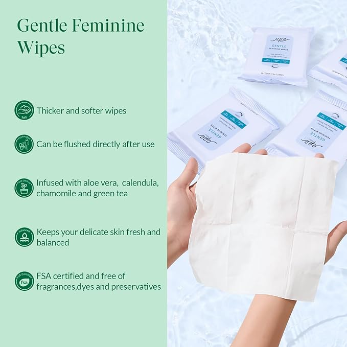 Feminine Care Bundle, Period Essentials 100% Organic Cotton Pads for Women, Size 2,3,5 Sanitary Napkins 124 Ct, Flushable Gentle Feminine Wet Wipes, Plant-Based Soothing Feminine Wash