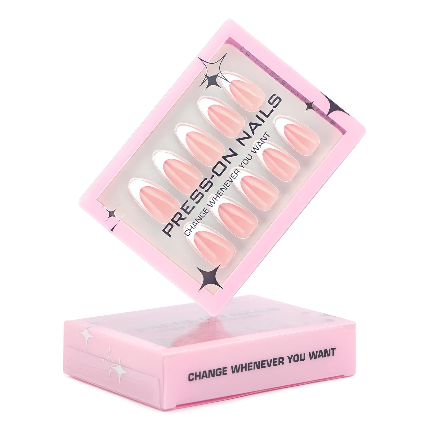 Almond Press-On Nails – 30 Pcs Glossy Chrome, French Tip & Solid Color Nail Set with Glue & Adhesive Tabs | PMMA Coated Reusable False Nails for Women & Teens (Minimal Chic, Medium)