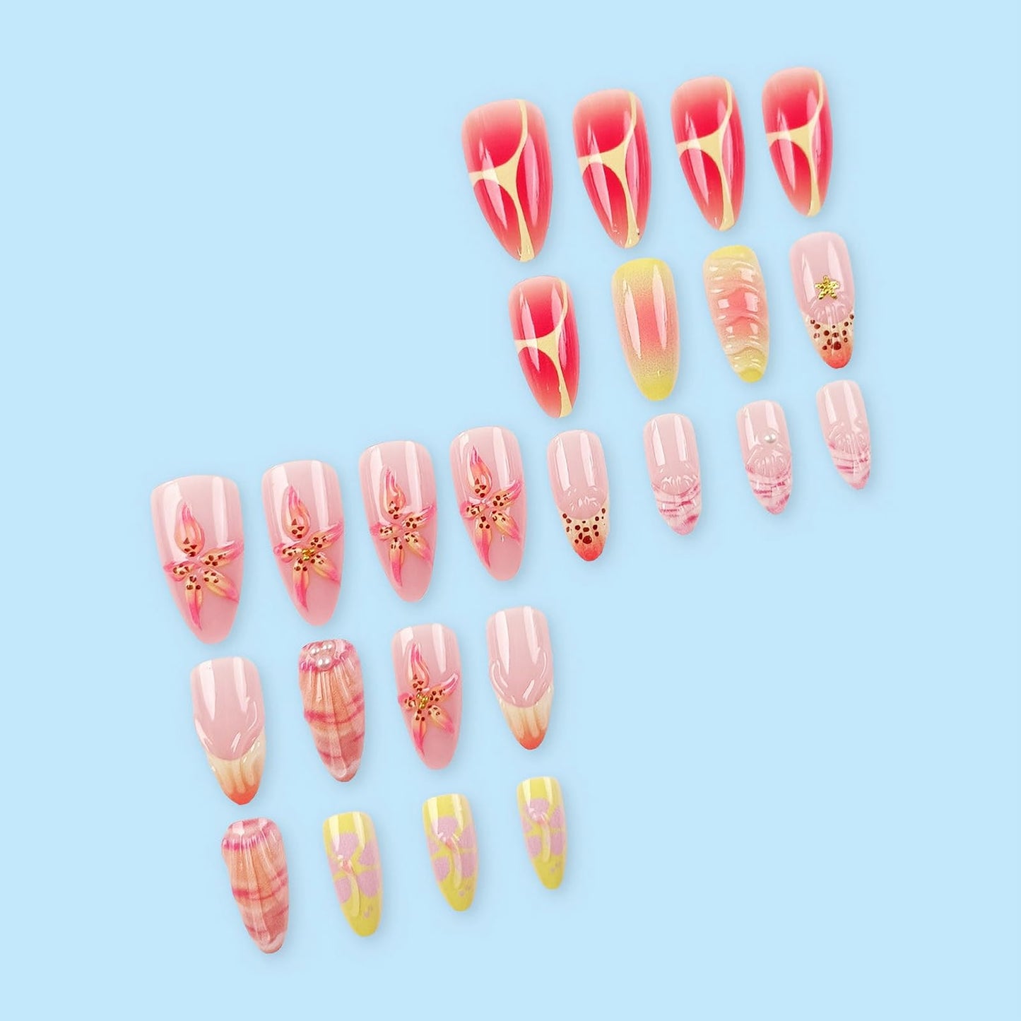 MISUD Press on Nails - Medium Almond Fake Nails with Summer Beach Acrylic Handmade 3D Flower Design 24 pcs