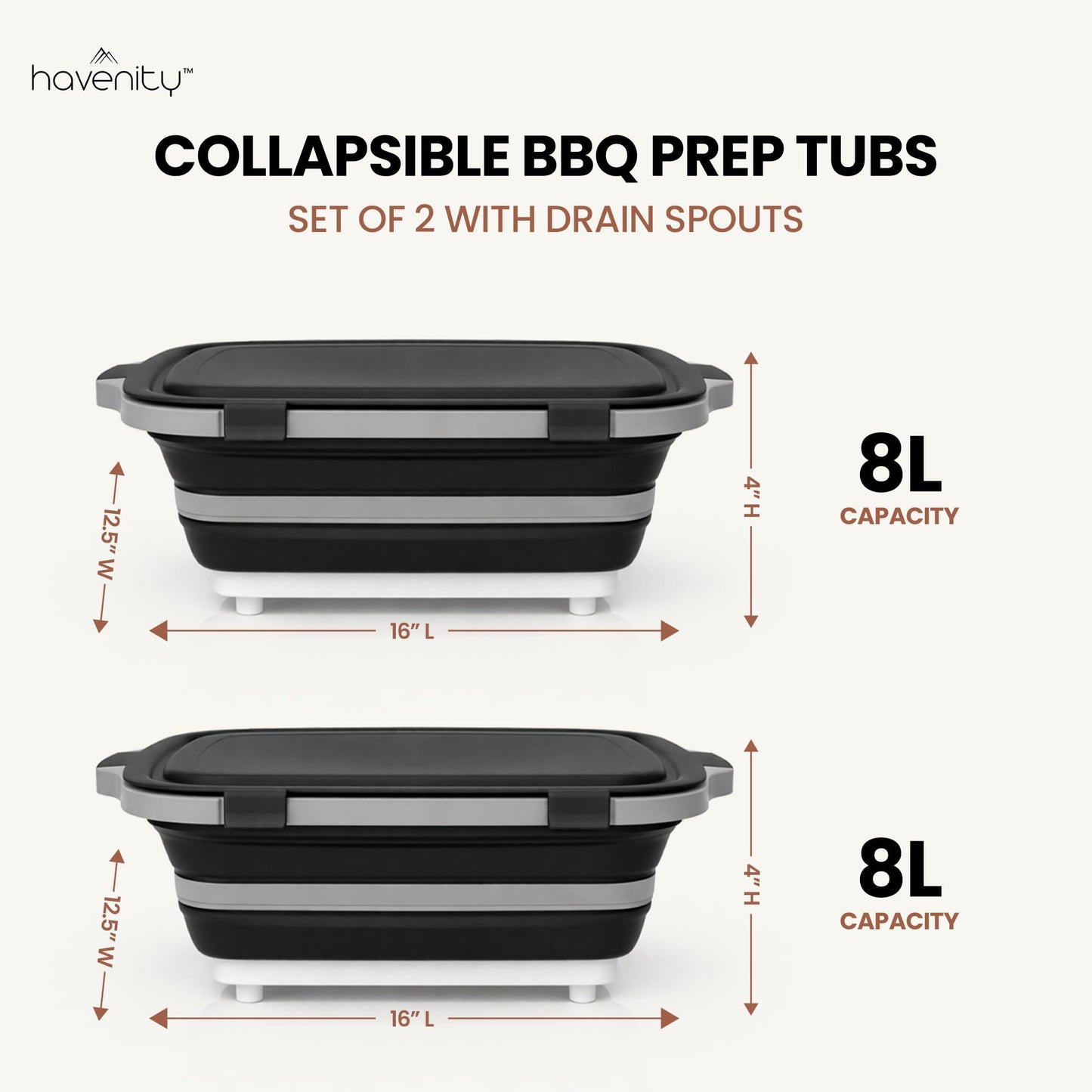 Havenity BBQ Prep Tub 2 Pack (8L+8L) - Multifunctional Collapsible Camping Cutting Board with Upgraded Locking lid, Meal Prep Meat Storage Container Perfect for Grilling, Outdoor Cooking (Large x 2)