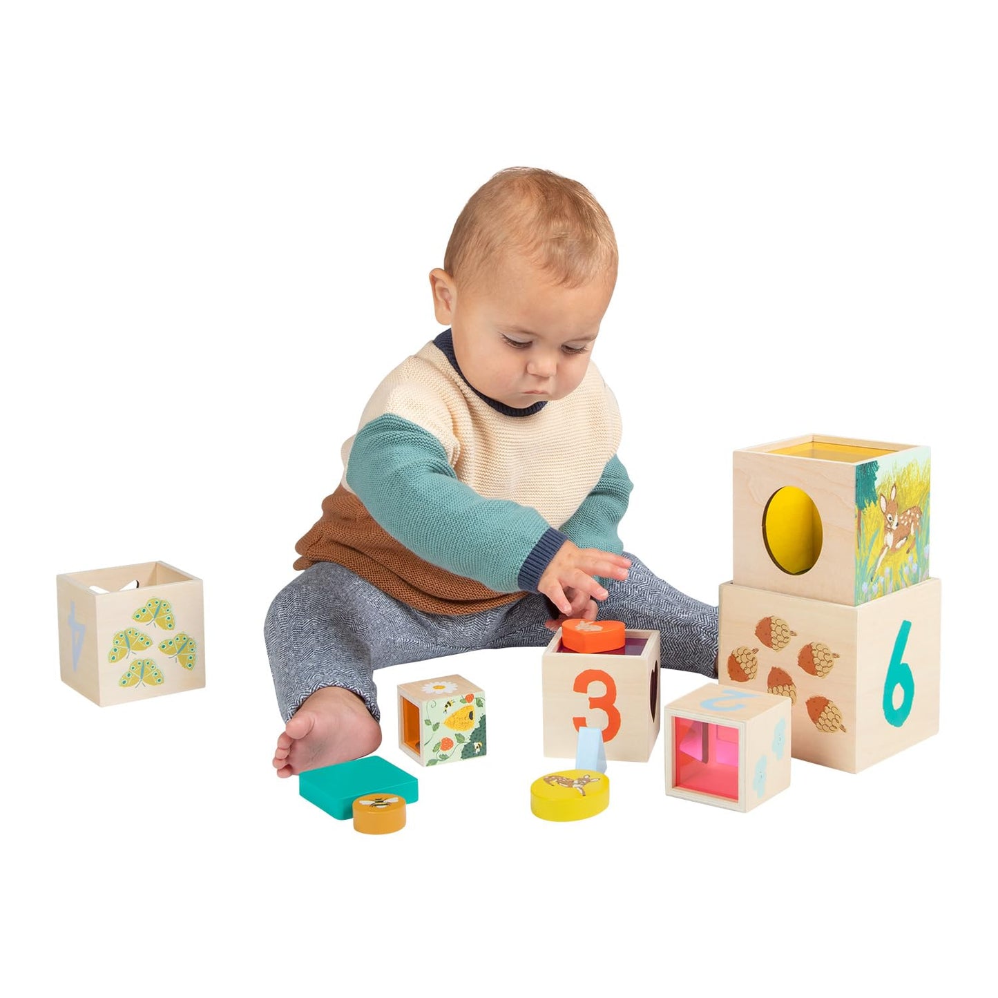 Manhattan Toy Enchanted Forest 12-Piece Wooden Stacking Counting Sorting Toy Blocks with Solid Wood Cutout Shapes