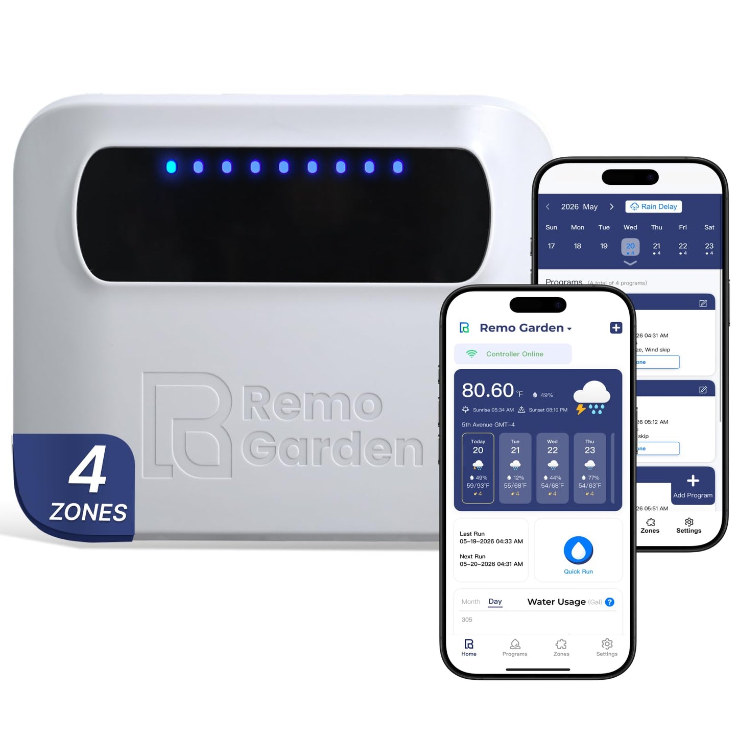Remo Garden Smart Sprinkler Controller – 4 Zone WiFi Irrigation Controller with App, Weather-Based Scheduling, Easy DIY Setup