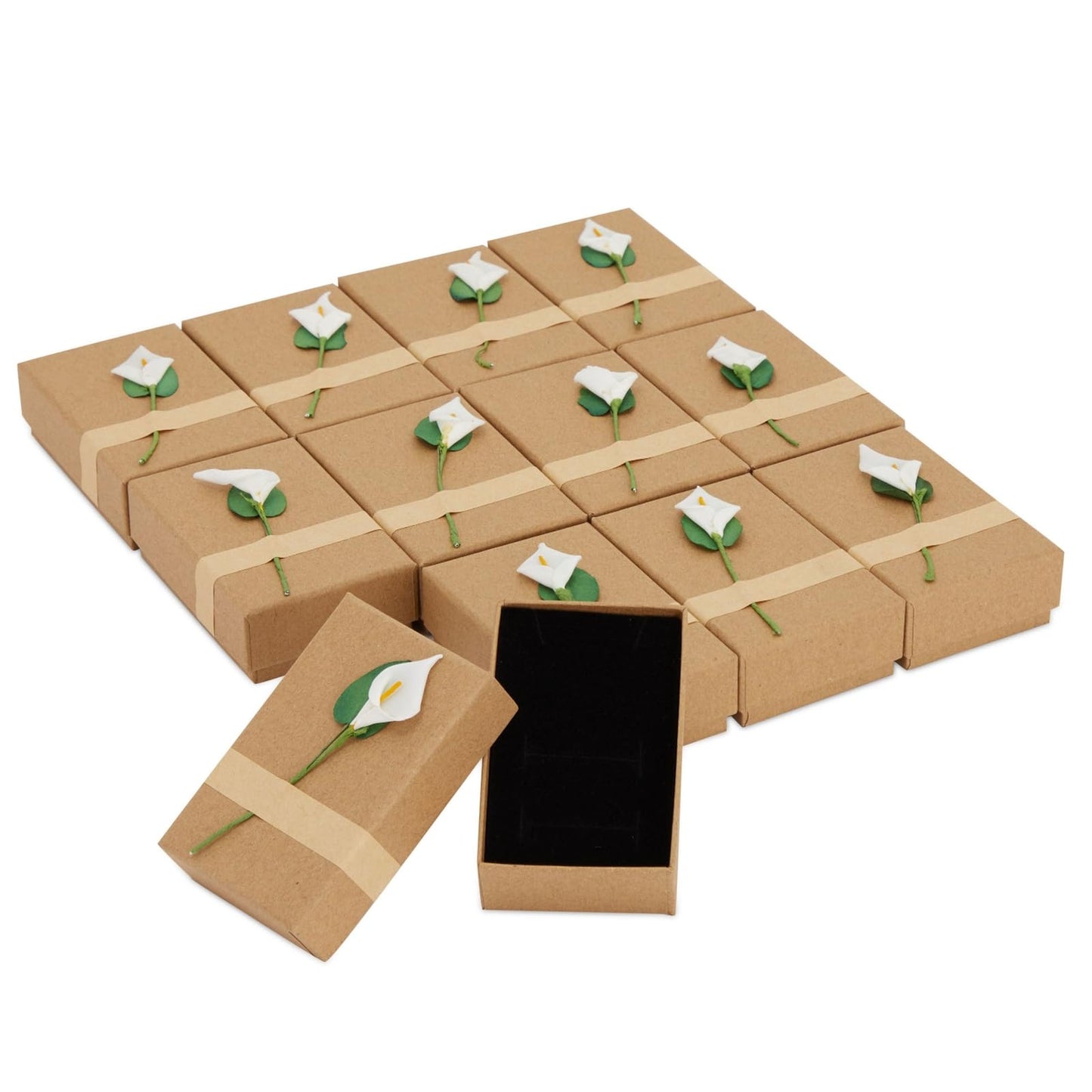 Juvale Jewelry Boxes - 12 Pack, 3.5 x 2.2 x 1.2 In, Brown Cardboard - Mini Case With 3D Lily Flower Top & Removable Velvet Foam Pad - Earring & Necklace Boxes Bulk
