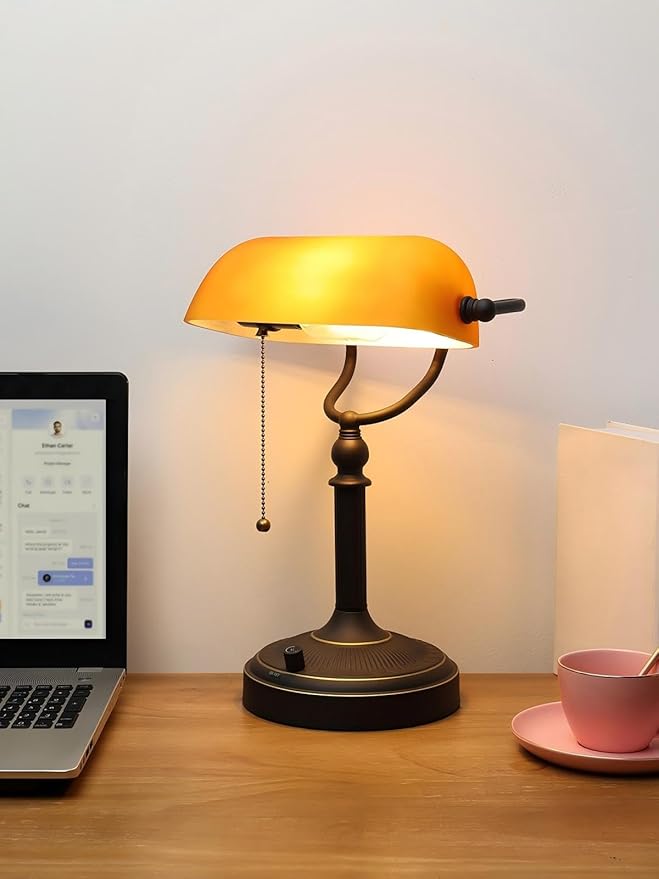 Newrays Matted Amber Glass Bankers Desk Lamp, Stepless Dimmable Table Lamp Plug in Fixture for Study, Home Office,Library, LED Bulb Included