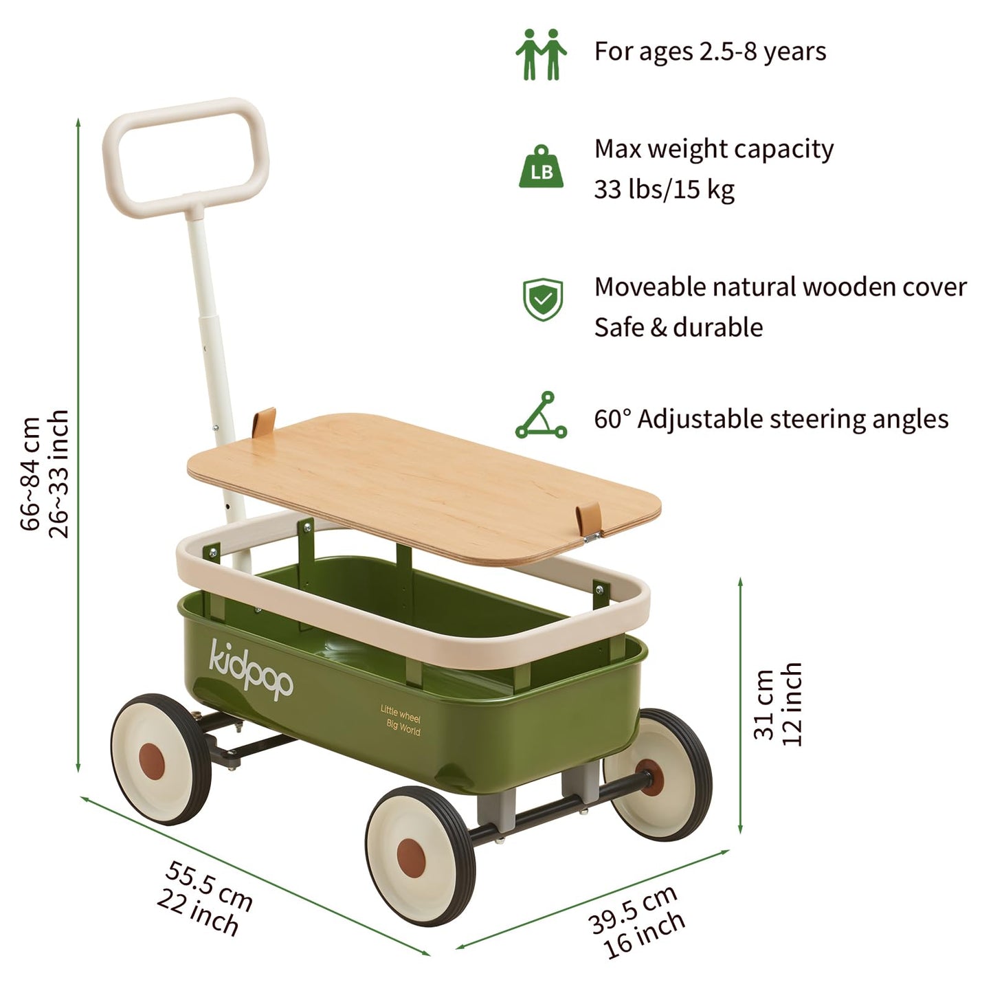 kidpop PULA-Wild 3-in-1 Kids' Pull-Along Wagon Toddlers Push Walker for 2.5-8, Removable Wooden Cover and Adjustable Handlebar, Birthday Gifts Max Weight 33 lbs (Green)