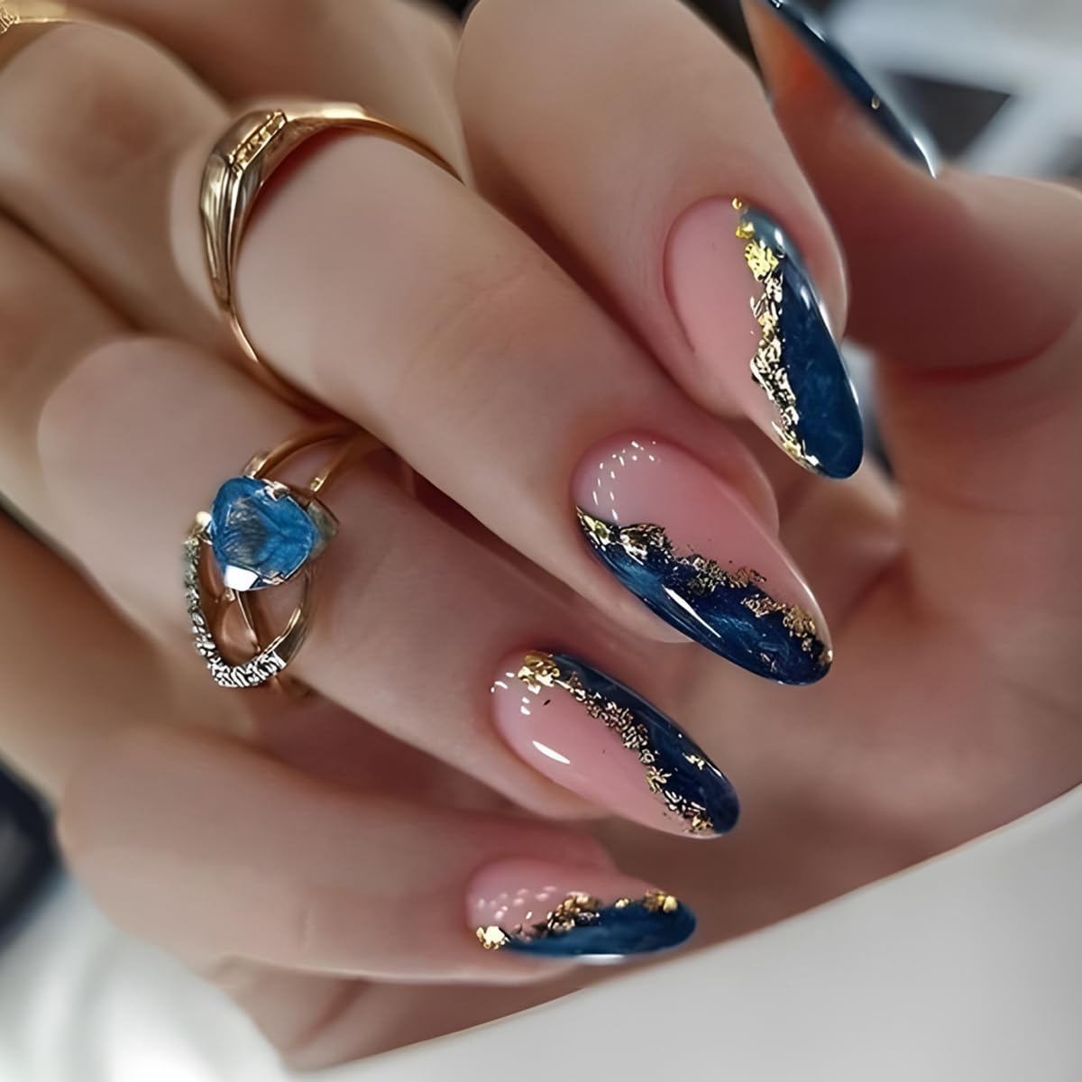 Marble Blue Press on Nails Medium Almond Fake Nails French Tip Nails Press ons with Design Reusable Artificial Nail Full Cover Glue on Nail Stick on Nails for Women Manicure 24Pcs