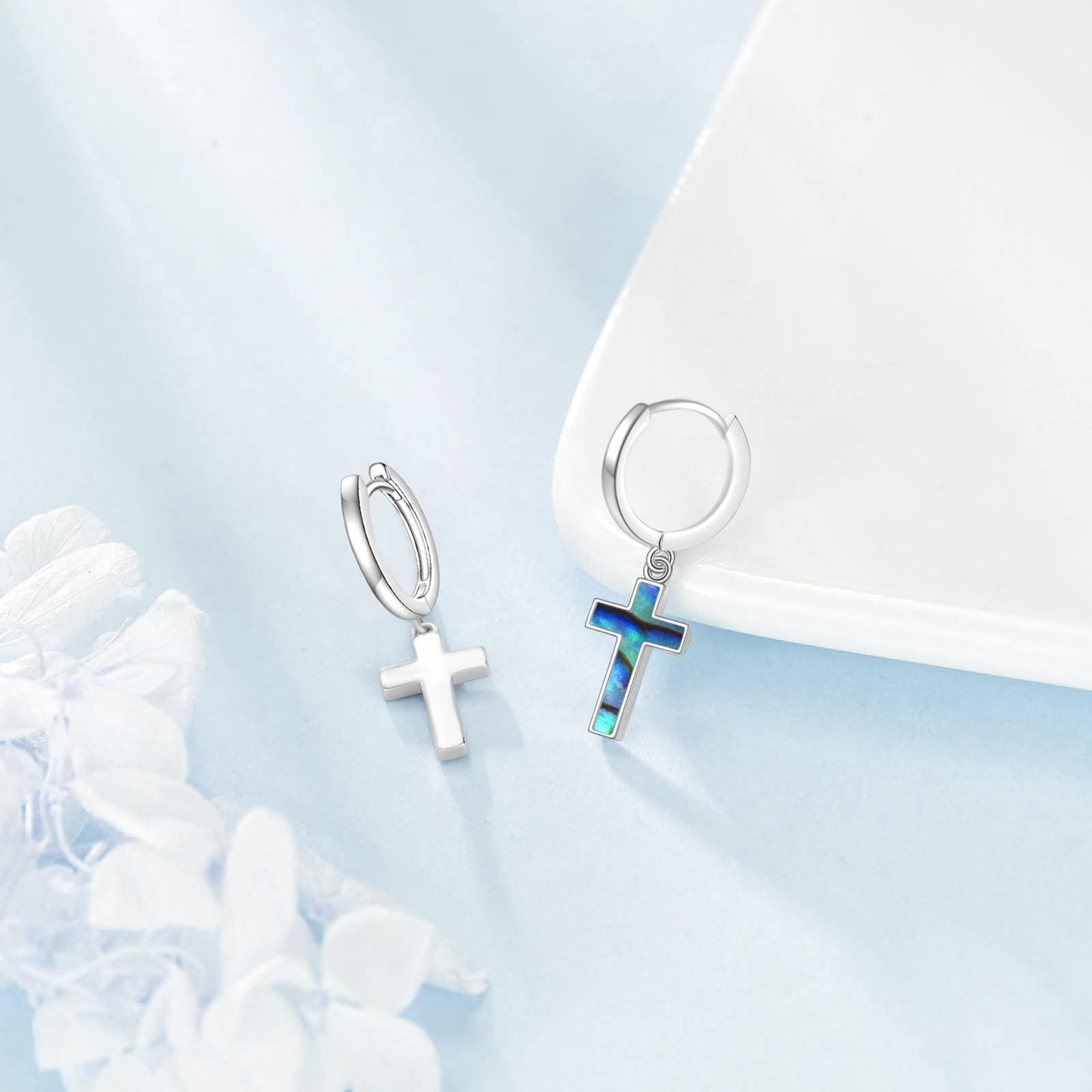Hanging Cross Earrings Sterling Silver Abalone Shell Cross Dangle Drop Hoop Earrings Jewelry Gifts for Women Men