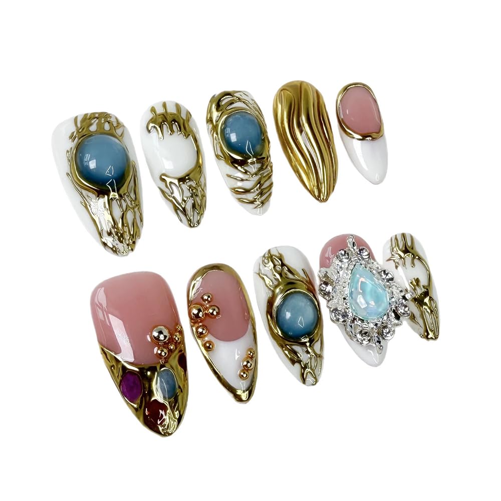 Handmade Press on Nails Almond Fake Nails with 3D Rhinestones Designs False Nails Gold Embossed Acrylic Nails for Women DIY 10pcs