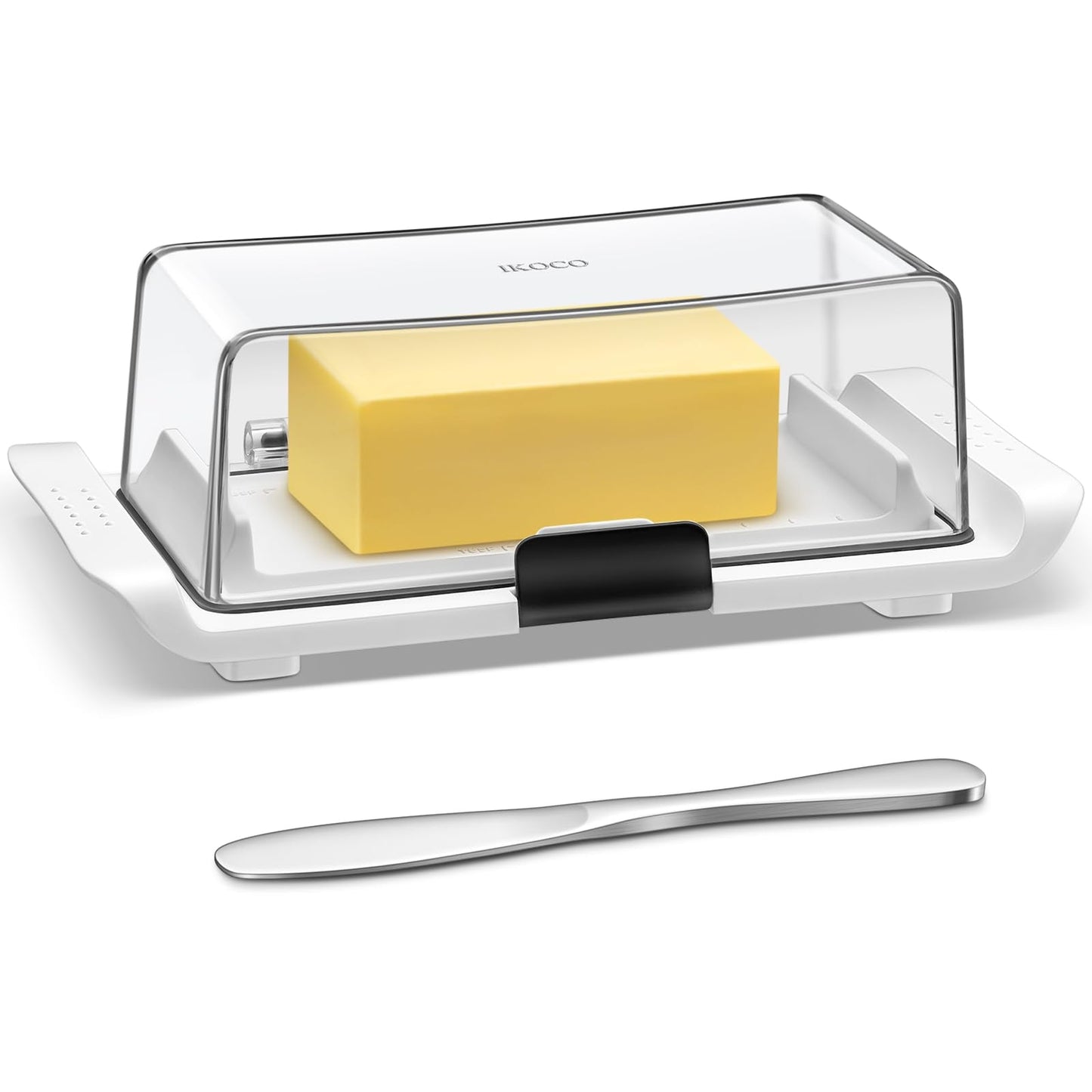 Butter Dish with Lid, IKOCO Large Butter Dish with Knife for Countertop and Refrigerator, Plastic Butter Holder Container Tray for 2 Sticks Butter, White